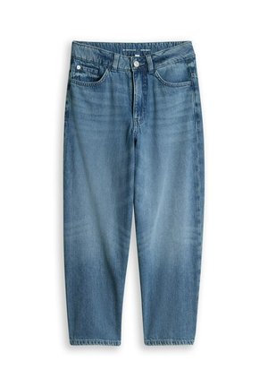Jean en denim bleu avec poches avant, passants de ceinture et fermeture par bouton, présenté sur fond blanc.