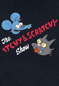 Sfondo nero che presenta personaggi dei cartoni animati: un topo blu e un gatto grigio, con il testo "The Itchy & Scratchy Show" in caratteri audaci rossi e bianchi.