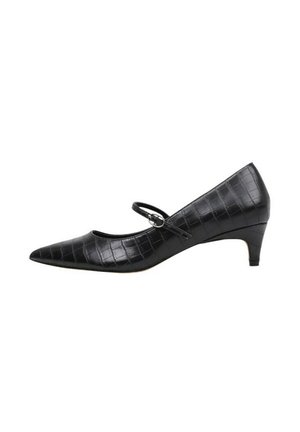 Zapato Mary Jane negro de punta puntiaguda con tacón bajo estilo kitten y parte superior de cuero con textura de patrón de cocodrilo.