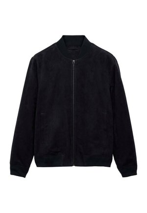 Black suede bomber jacket with a zip front, ribbed cuffs and collar, and side pockets. Soft texture, streamlined design. No patterns or accents.
