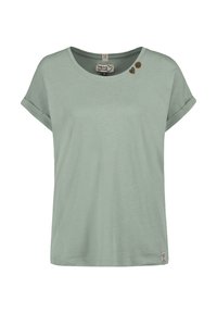 Helles grünes T-Shirt mit kurzen Ärmeln aus weichem Stoff. Es hat einen runden Ausschnitt und drei dekorative Knöpfe auf der linken Schulter.