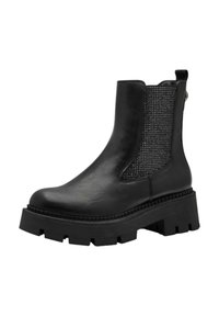 Botte noire à chevilles en cuir avec des panneaux latéraux élastiques texturés, une semelle plate-forme épaisse et une languette à l'arrière pour un enfilage facile.