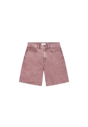 Shorts di jeans in un colore rosa sbiadito, caratterizzati da vita alta, cinque tasche, chiusura con bottoni e leggero effetto consumato.