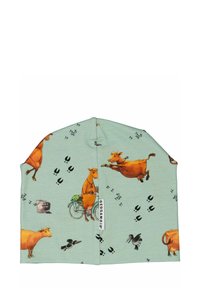 Vaaleanvihreä puuvillapipo, jossa on sarjakuvamaisia lehmiä, polkupyöriä ja lintukuosisia printtejä. Pehmeä pinta, yksinkertainen pyöreä muoto ja ommeltu etiketti.