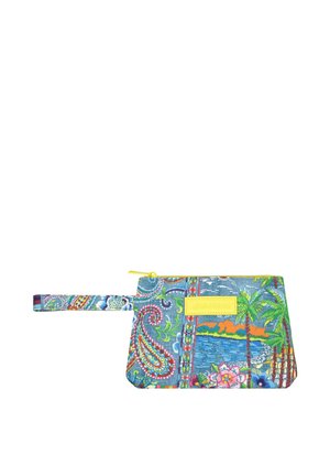 Piccolo portamonete rettangolare con motivi tropicali e paisley colorati, una cerniera gialla e una cinghia in tessuto coordinata.