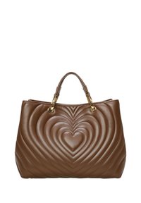 Borsa a mano in pelle marrone con design a cuori trapuntati, dettagli in metallo color oro e due manici superiori. Spaziosa con silhouette strutturata.
