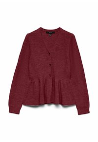 Bordo kardigan z v-izrezom, dolgimi rokavi, zapiranjem na gumb in peplum robom. Narejen je iz teksturiranega pletenega materiala.