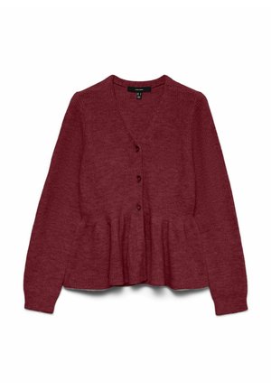 Bordeaux cardigan med v-hals, lange ærmer, knaplukning og peplum-ikant. Lavet af tekstureret strikstof.