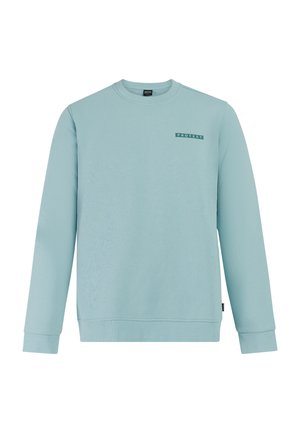 Lichtblauw sweatshirt met lange mouwen en ronde hals, met een klein "PROTEST"-logo op de linkerborst en geribde manchetten en zoom.