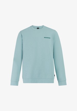 Lichtblauw sweatshirt met lange mouwen en ronde hals, met een klein "PROTEST"-logo op de linkerborst en geribde manchetten en zoom.