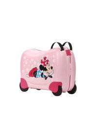 Valigia di plastica rosa con design di Minnie Mouse, ruote nere e due manici neri. Presenta un motivo a pois e dettagli rosa.
