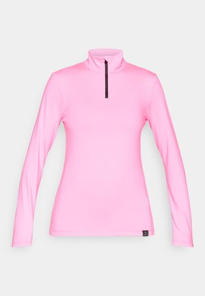 Cămașă roz cu mânecă lungă, guler înalt și fermoar pe jumătate, realizată dintr-un material neted. Prezintă detalii de fermoar contrastant și cusături pe laterale.