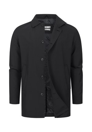 Sort midilang frakke med lange ærmer, knaplukning, to forlommer og en krave, vist delvist åben på hvid baggrund.