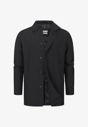 Sort midilang frakke med lange ærmer, knaplukning, to forlommer og en krave, vist delvist åben på hvid baggrund.