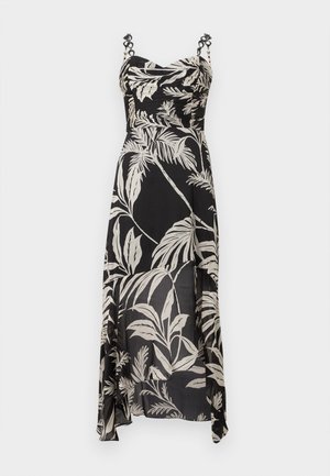 Svart maxiklänning med vitt palmbladsmönster, rynkad byst och justerbara axelband med dekorativ hårdvara. Lätt, flödande tyg.