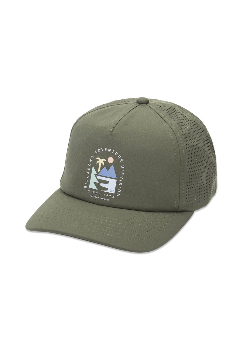 Olive green cap with a curved visor, mesh side panels, and a printed graphic featuring mountains, a palm tree, and text.