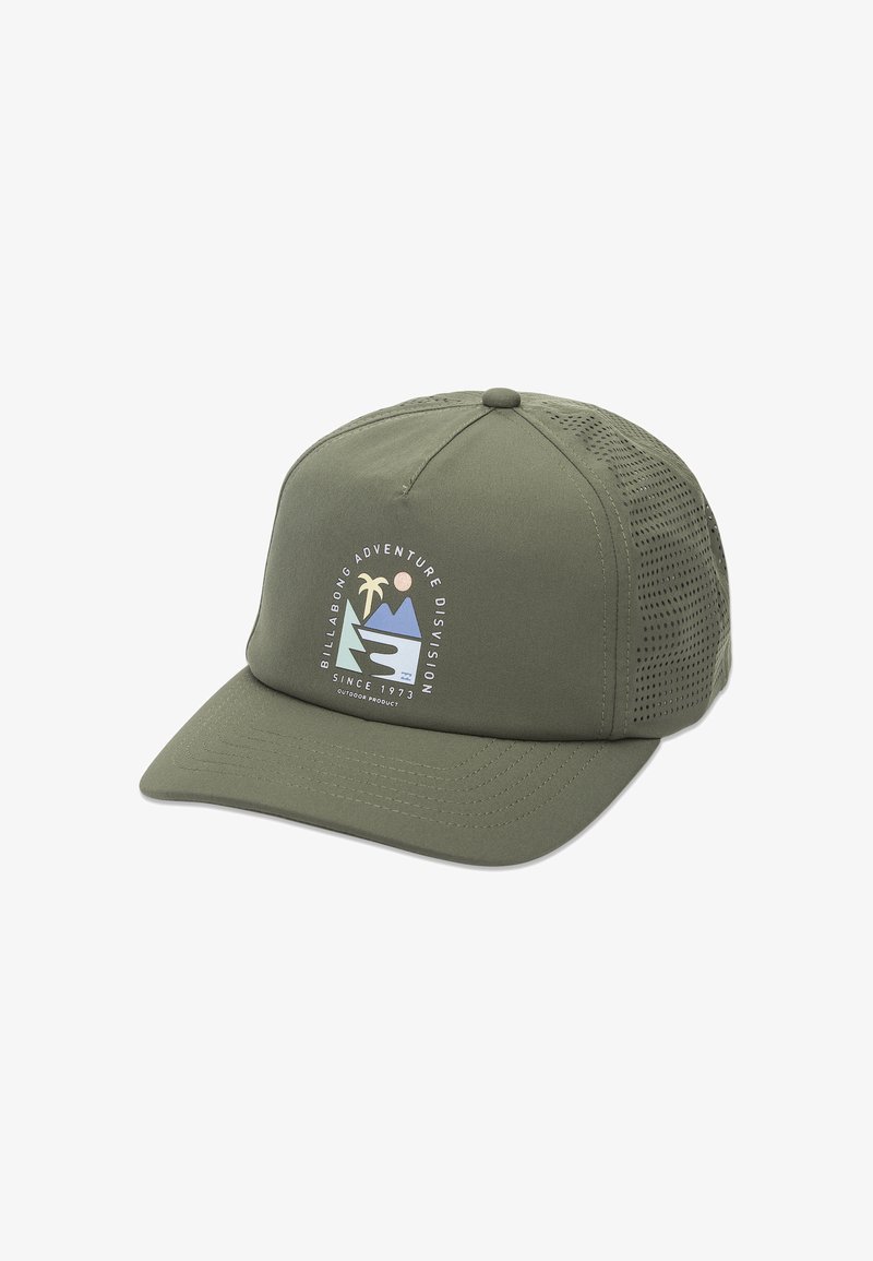 Olive green cap with a curved visor, mesh side panels, and a printed graphic featuring mountains, a palm tree, and text.