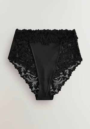 Zwarte onderbroek met een bloemenkant tailleband en details, gladde stof aan de voorkant en geschulpte randen langs de beenopeningen.