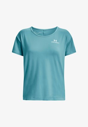 Tealfarbenes kurzärmeliges Under Armour Sport-T-Shirt mit Rundhalsausschnitt und weißem Logo auf der linken Brust.