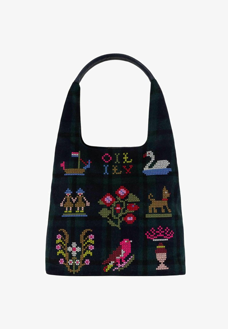 Borsa a mano con motivo a dalmatico, realizzata in tessuto, caratterizzata da vivaci motivi ricamati che includono barche, fiori e animali su uno sfondo verde scuro.