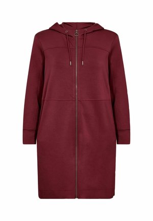 Cappotto burgundy con cappuccio e zip, realizzato in tessuto morbido, con tasche frontali, maniche lunghe e un cordino sul cappuccio.