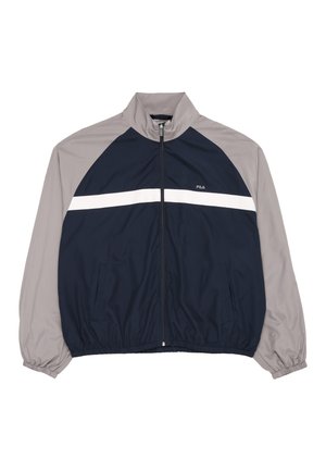 Trainingsjacke mit navyfarbenem Körper, grauen Ärmeln, weißem horizontalem Streifen über der Brust, Frontreißverschluss, elastischen Bündchen und kleinem FILA-Logo auf der linken Brust.