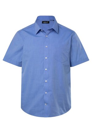 Kurzärmliges Hemd in Hellblau mit einer strukturierten Stoffoberfläche, einer einzelnen Brusttasche und weißen Knöpfen. Klassischer Kragenstil.
