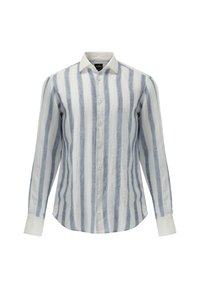 Camicia in lino a maniche lunghe con righe verticali blu e bianche, apertura con bottoni, colletto classico e polsini bianchi. Tessuto leggero e testurizzato.