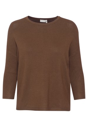 Brown knitted sweater with a round neckline, three-quarter sleeves, and a relaxed fit. Made of soft material with a subtle texture.