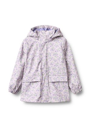 Lys lilla blomstrede hættetrøjejakke med forlommer, elastiske manchetter og skjult lynlås i fronten.