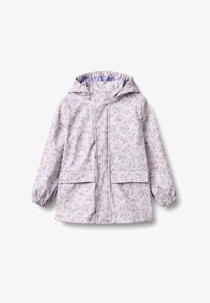 Jasnofioletowa kwiecista kurtka z kapturem, z przednimi kieszeniami, elastycznymi mankietami i ukrytym zamkiem błyskawicznym z przodu.