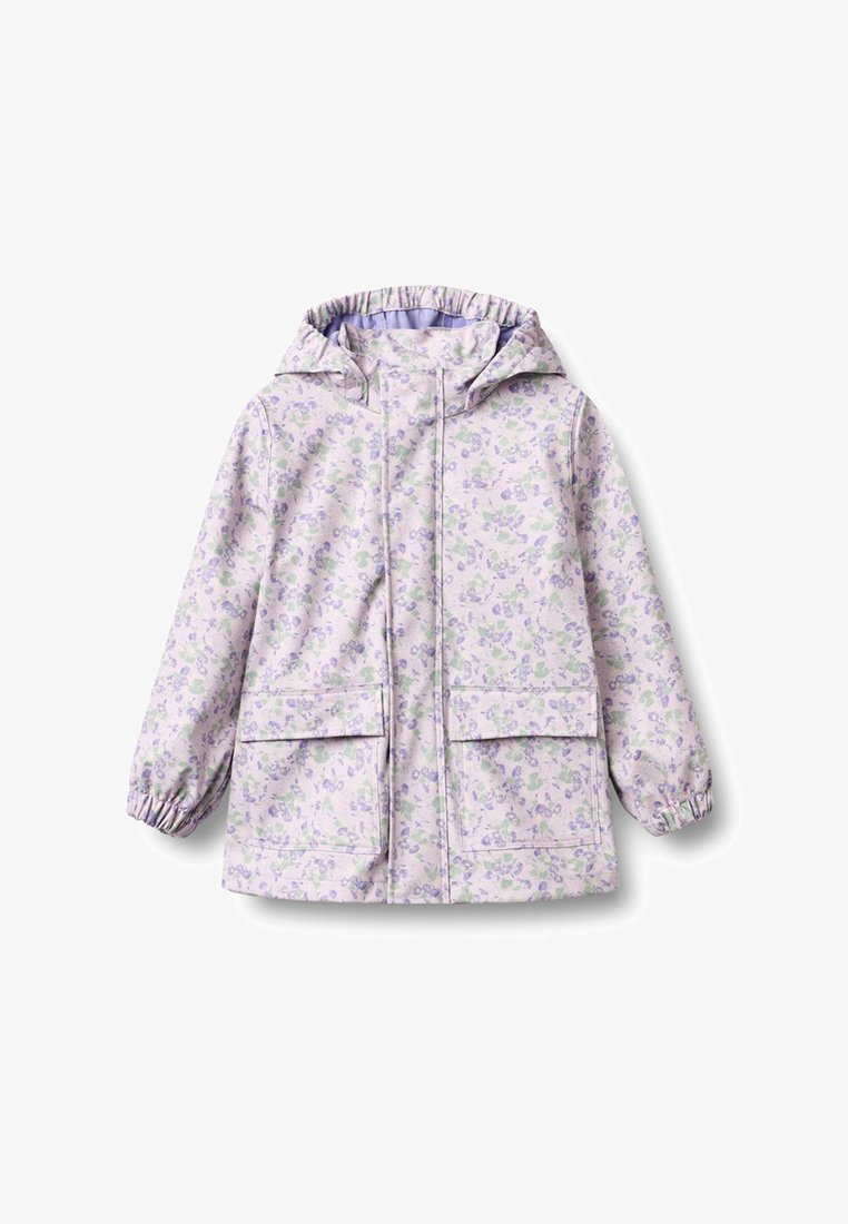 Jasnofioletowa kwiecista kurtka z kapturem, z przednimi kieszeniami, elastycznymi mankietami i ukrytym zamkiem błyskawicznym z przodu.