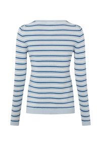 Lichtblauwe trui met lange mouwen en horizontale marineblauwe en witte strepen, van achteren weergegeven op een witte achtergrond.