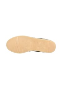 Black shoe sole with a textured surface. Features a light beige rubber outsole with a patterned grip design and branding.