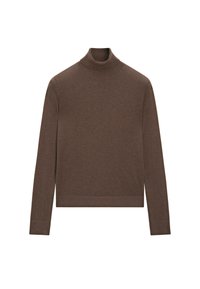 Maglione a collo alto marrone realizzato in morbido tessuto a maglia. Caratterizzato da una silhouette aderente, maniche lunghe e colletto e orlo ribattuti.