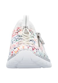 White athletic shoe with colorful speckled upper, lace-up front, side zipper, and textured sole. Material appears soft and flexible.