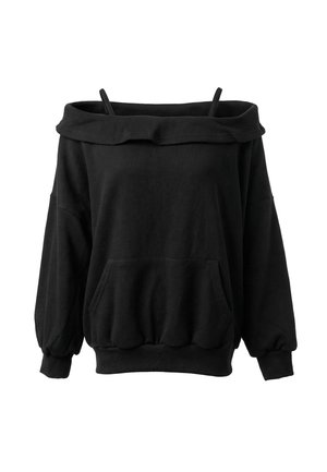 Sort off-shoulder sweatshirt med lange ærmer, frontlomme, ribkanter ved ærmerne og tynde skulderstropper på hvid baggrund.