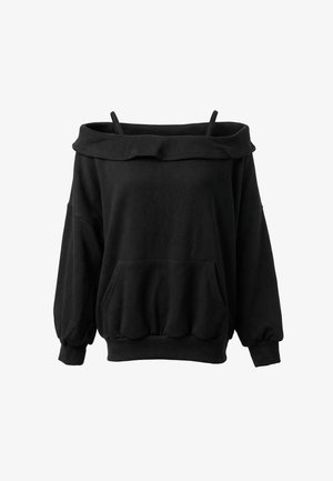 Czarna bluza typu off-shoulder z długimi rękawami, kieszenią na przodzie, ściągaczami na mankietach oraz cienkimi ramiączkami na białym tle.