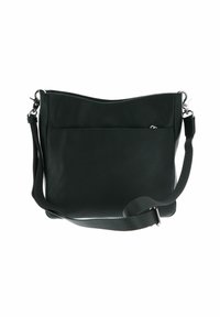 Sac en cuir noir granulaire en bandoulière avec une sangle en tissu réglable et des fermoirs en métal argenté sur fond blanc.