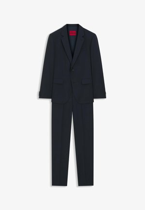 Donker marineblauw tweedelig pak met een colbert met één knoop en bijpassende rechte broek, met etiket Hugo aan de binnenkant van de kraag.