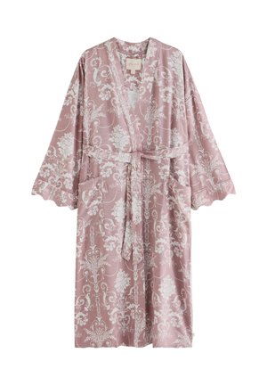 Pink floral patterned knee-length robe with a belt tie at the waist and scalloped edges on the sleeves.
