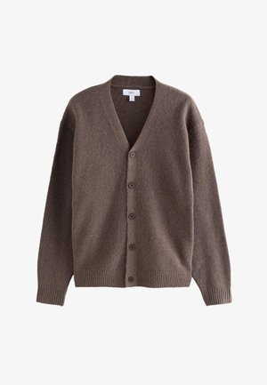 Cardigan maro din lână cu nasturi, decolteu în V, manșete și tiv striați, mâneci lungi, afișat pe fundal alb.