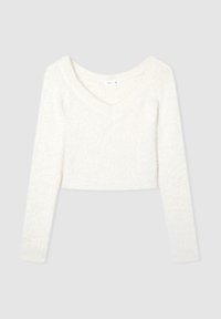 Maglione bianco cropped con scollatura a V, maniche lunghe e un tessuto morbido e testurizzato. Presenta un aspetto leggermente peloso che aumenta il calore e il comfort.