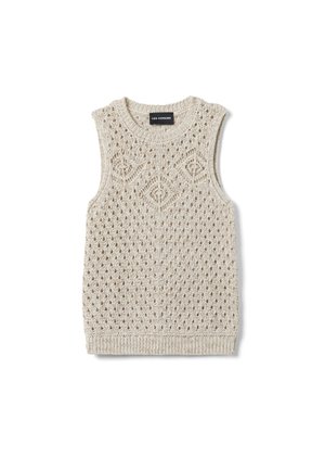 Beige ärmellose Strickweste mit Rautenmuster und Lochstrickmuster, gerippter Ausschnitt und Saum, Etikett "LES COPAINS" innen am Kragen.