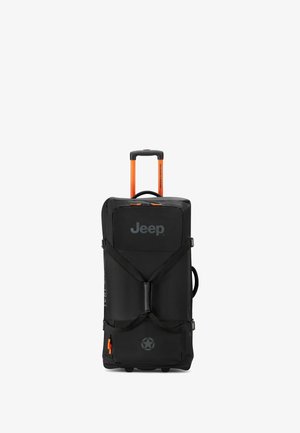 Schwarze Reisetasche mit Rädern und Jeep-Branding, orangefarbene Akzente, stabiler Griff und verstellbare Tragegurte. Glattes Material mit einem eleganten Design.