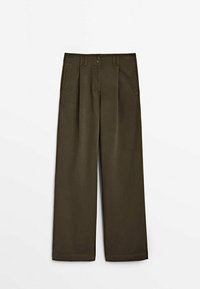 Pantalons larges vert olive foncé en tissu lisse. Comprend deux poches avant et une fermeture à bouton à la taille.