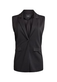 Blazer senza maniche di colore nero con un design strutturato, chiusura a un bottone, due tasche frontali e una finitura liscia al tatto.