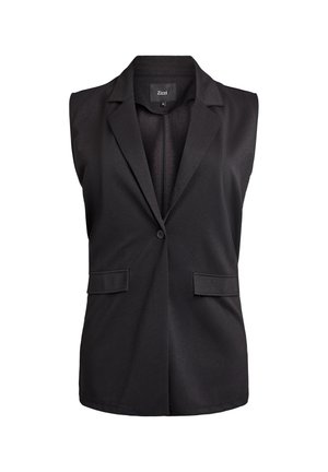 Black sleeveless blazer with a structured design, single button closure, two front pockets, and a smooth textured finish.