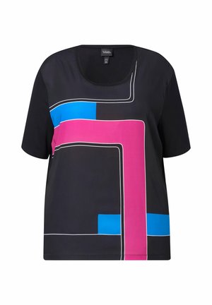 Schwarzes T-Shirt mit kurzen Ärmeln, das geometrische Muster in Pink und Blau zeigt, mit weißen Akzentlinien und einem runden Ausschnitt. Weiches Stoffmaterial.