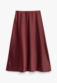 Bordeaux satinv midi nederdel med en glat tekstur, flared design og elastisk talje, der har en ren, ensfarvet overflade.